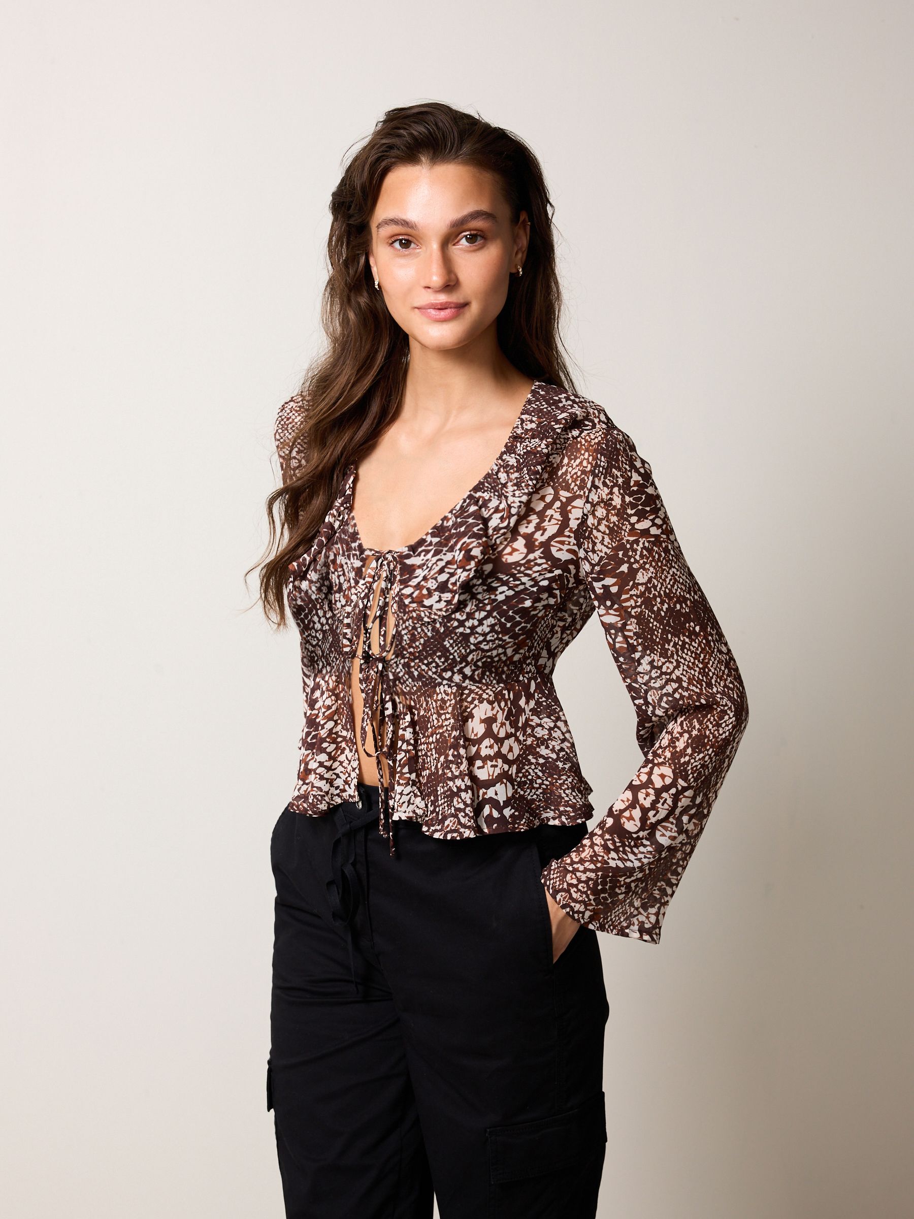 Buy Brown Snake Print Tie Front Ruffle Long Sleeve Blouse from Next Luxembourg