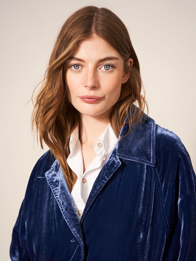 White Stuff Blue Velvet Duster Coat - Image 4 of 4