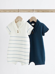 Blue Stripe Collar Jersey 100% Cotton Rompers 2 Pack - Image 1 of 6
