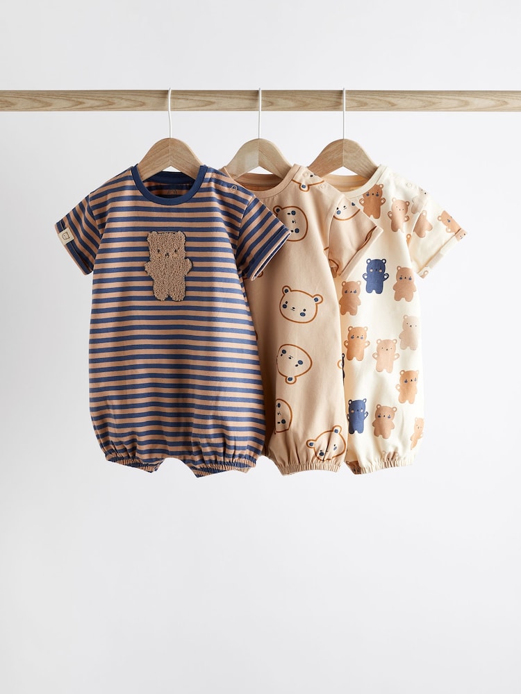 Navy Blue/Brown Bear Baby Jersey Rompers 3 Pack - Image 1 of 9 Navy Blue/Brown Bear Baby Jersey Rompers 3 Pack - Image 1 of 9