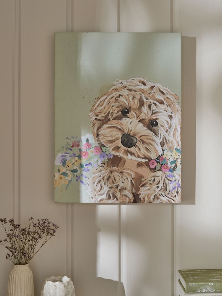 Sage Green Charlie Cockapoo Dog with Flowers Canvas Wall Art - Image 1 of 5