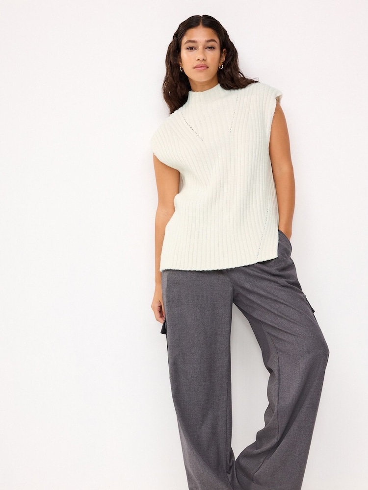 Ecru White High Neck Ribbed Knitted Tank Vest Top - Image 2 of 6