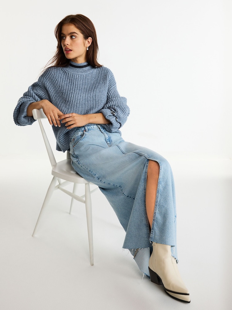 Blau/Zierstreifen - Pullover mit Stehkragen - Bild 2 von 6