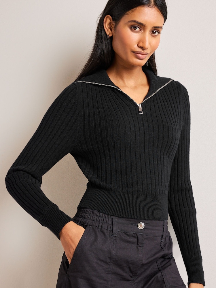 Black Ribbed Zip Neck Jumper - Image 1 of 7