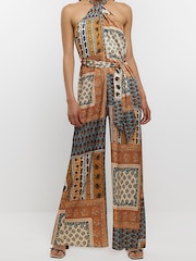 River Island Brown Halter Neck Belted Jumpsuit - Image 1 of 5
