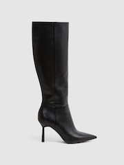 Reiss Black Gracyn Leather Knee High Heeled Boots - Image 1 of 5