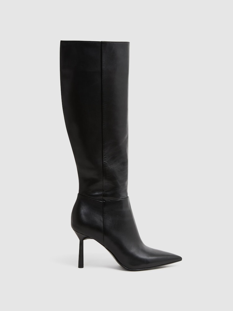 Reiss Black Gracyn Leather Knee High Heeled Boots - Image 1 of 5