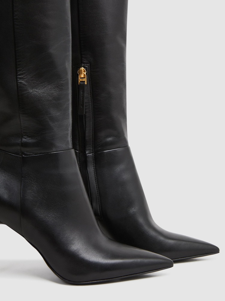 Reiss Black Gracyn Leather Knee High Heeled Boots - Image 5 of 5