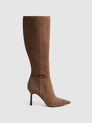 Reiss Tan Gracyn Leather Knee High Heeled Boots - Image 1 of 5