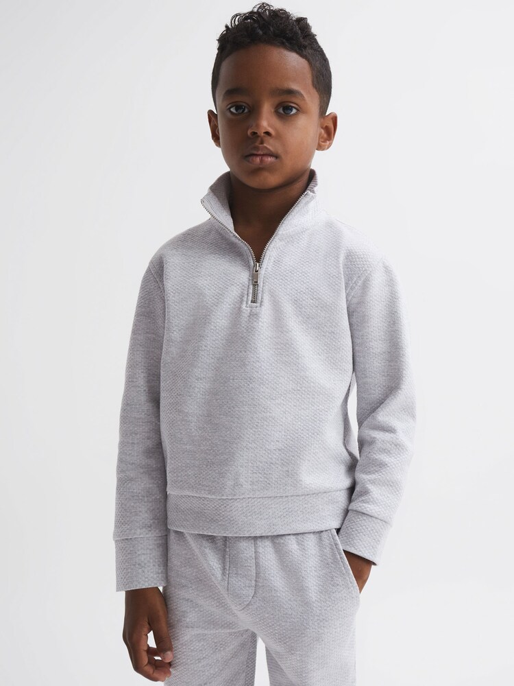 Reiss Soft Grey Bishop Senior Textured Half-Zip Funnel Neck Top - Image 1 of 5