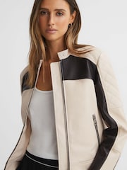 Reiss Black/Neutral Adelaide Leather Collarless Quilted Jacket - Image 1 of 5