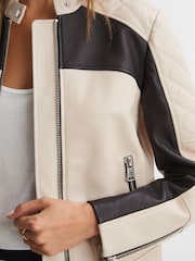 Reiss Black/Neutral Adelaide Leather Collarless Quilted Jacket - Image 4 of 5