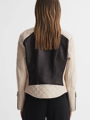 Reiss Black/Neutral Adelaide Leather Collarless Quilted Jacket - Image 5 of 5