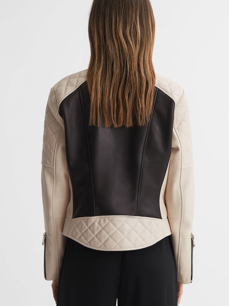Reiss Black/Neutral Adelaide Leather Collarless Quilted Jacket - Image 5 of 5