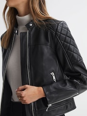 Reiss Black Adelaide Leather Collarless Quilted Jacket - Image 1 of 1