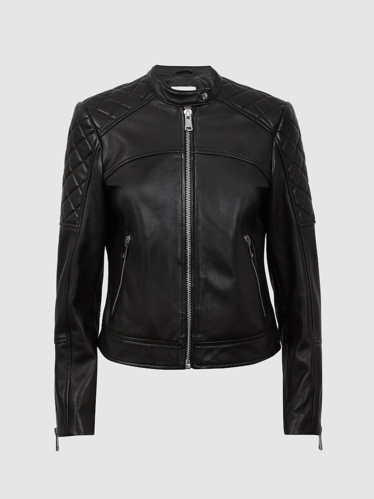 Reiss Black Adelaide Leather Collarless Quilted Jacket - Image 2 of 5