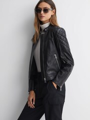 Reiss Black Adelaide Leather Collarless Quilted Jacket - Image 3 of 5