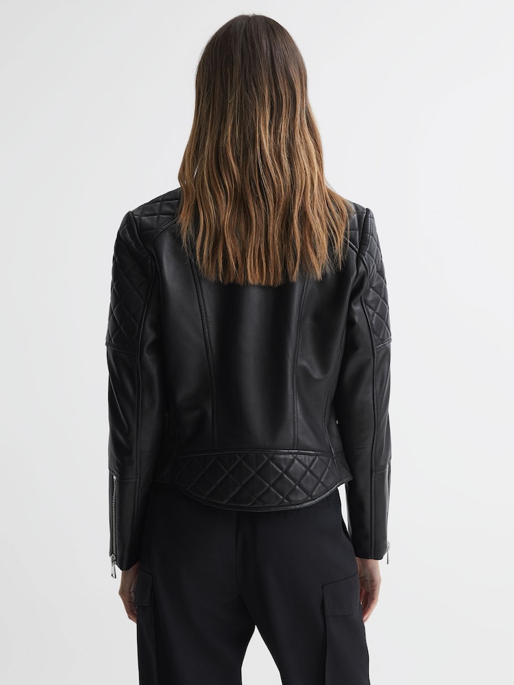 Reiss Black Adelaide Leather Collarless Quilted Jacket - Image 5 of 5