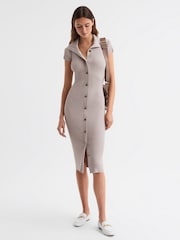 Reiss Neutral Megan Petite Knitted Ribbed Midi Dress - Image 1 of 6