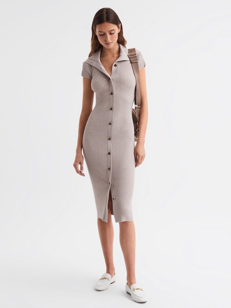 Reiss Neutral Megan Petite Knitted Ribbed Midi Dress - Image 1 of 6