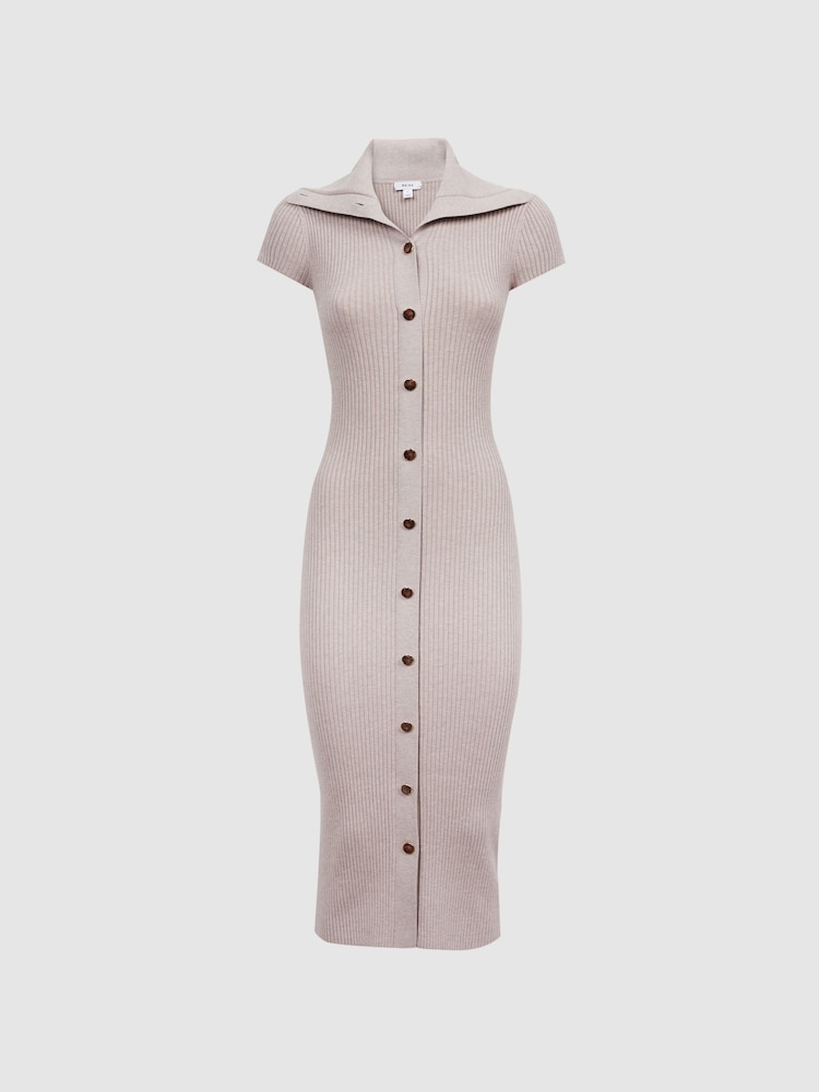 Reiss Neutral Megan Petite Knitted Ribbed Midi Dress - Image 2 of 6