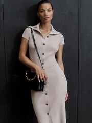 Reiss Neutral Megan Knitted Ribbed Midi Dress - Image 1 of 6