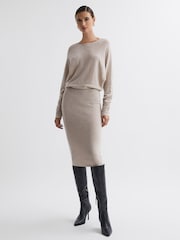 Reiss Neutral Leila Wool Blend Ruched Sleeve Midi Dress - Image 1 of 5