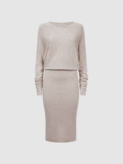 Reiss Neutral Leila Wool Blend Ruched Sleeve Midi Dress - Image 2 of 5