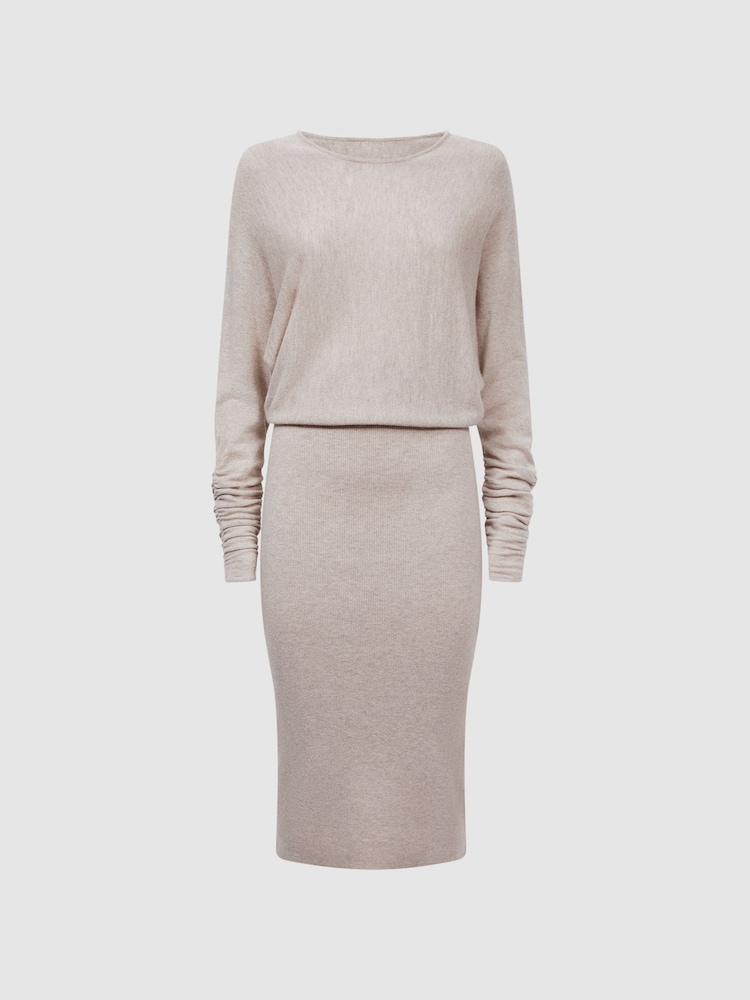 Reiss Neutral Leila Wool Blend Ruched Sleeve Midi Dress - Image 2 of 5