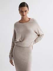 Reiss Neutral Leila Wool Blend Ruched Sleeve Midi Dress - Image 3 of 5