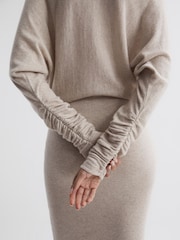 Reiss Neutral Leila Wool Blend Ruched Sleeve Midi Dress - Image 4 of 5