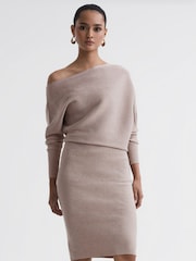 Reiss Neutral Lara Off-The-Shoulder Ribbed Midi Dress - Image 1 of 5