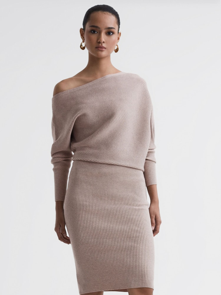 Reiss Neutral Lara Off-The-Shoulder Ribbed Midi Dress - Image 1 of 5