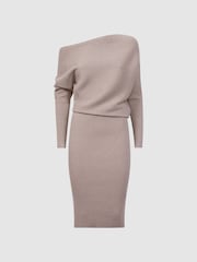 Reiss Neutral Lara Off-The-Shoulder Ribbed Midi Dress - Image 2 of 5