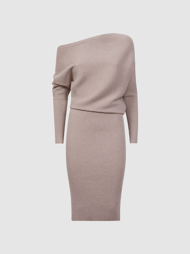 Reiss Neutral Lara Off-The-Shoulder Ribbed Midi Dress - Image 2 of 5