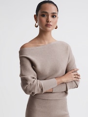 Reiss Neutral Lara Off-The-Shoulder Ribbed Midi Dress - Image 3 of 5