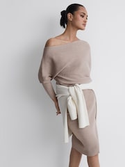 Reiss Neutral Lara Off-The-Shoulder Ribbed Midi Dress - Image 4 of 5