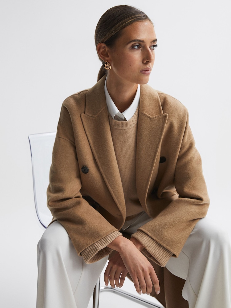 Reiss Camel Layah Relaxed Wool Blend Double Breasted Coat - Image 7 of 7