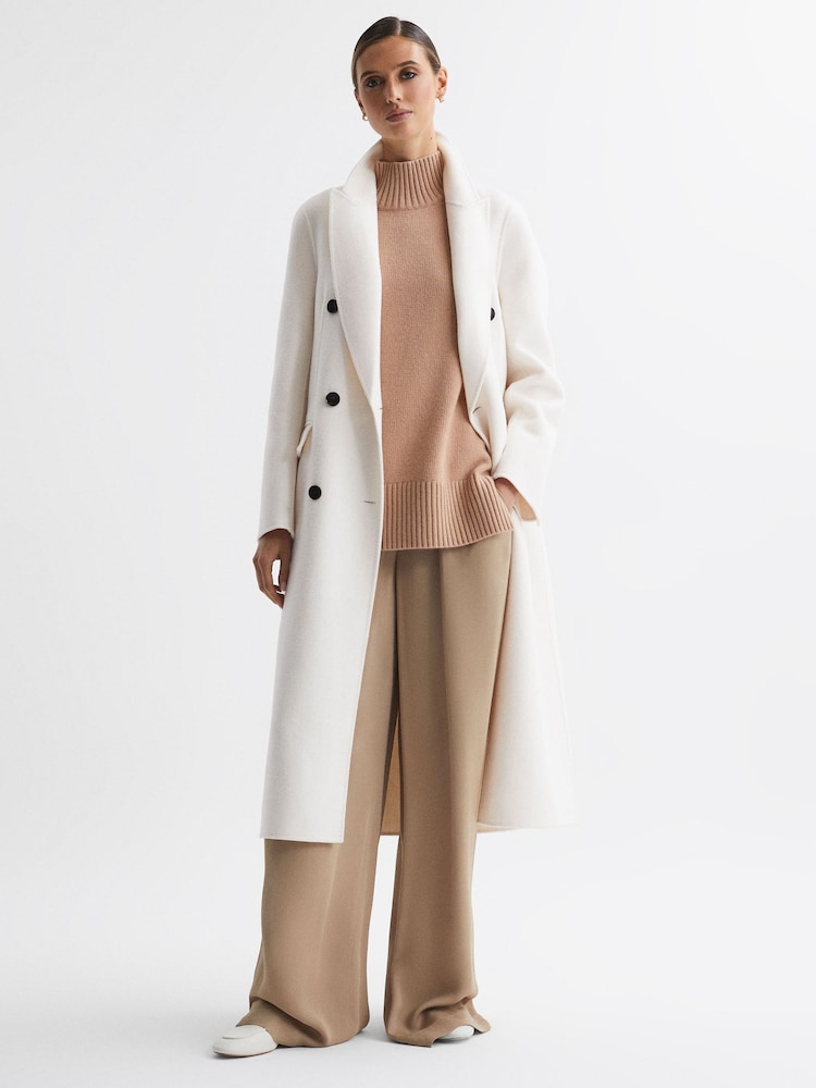 Reiss Cream Arla Petite Relaxed Wool Blend Blindseam Belted Coat - Image 1 of 6
