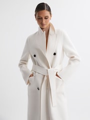Reiss Cream Arla Petite Relaxed Wool Blend Blindseam Belted Coat - Image 3 of 6