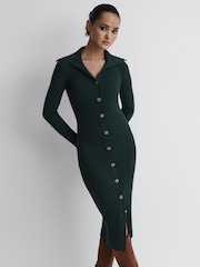 Reiss Green Maria Button Through Bodycon Midi Dress - Image 1 of 5
