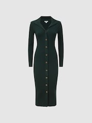 Reiss Green Maria Button Through Bodycon Midi Dress - Image 2 of 5