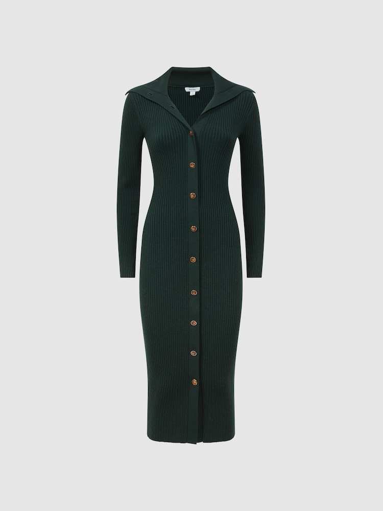 Reiss Green Maria Button Through Bodycon Midi Dress - Image 2 of 5 Reiss Green Maria Button Through Bodycon Midi Dress - Image 2 of 5