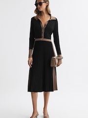 Reiss Black/Camel Mia Knitted Colourblock Pleated Midi Dress - Image 1 of 4