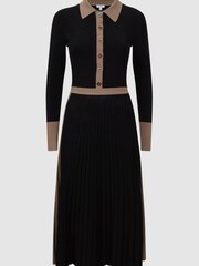 Reiss Black/Camel Mia Knitted Colourblock Pleated Midi Dress - Image 2 of 4