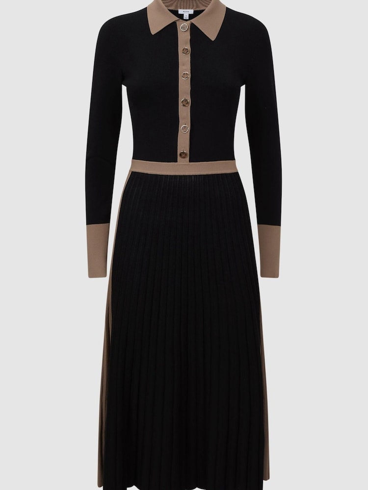 Reiss Black/Camel Mia Knitted Colourblock Pleated Midi Dress - Image 2 of 4