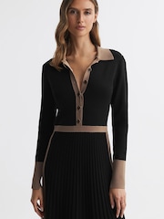 Reiss Black/Camel Mia Knitted Colourblock Pleated Midi Dress - Image 3 of 4
