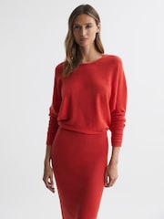 Reiss Red Leila Wool Blend Ruched Sleeve Midi Dress - Image 1 of 5