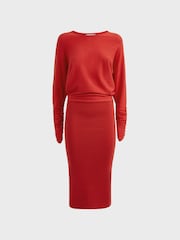 Reiss Red Leila Wool Blend Ruched Sleeve Midi Dress - Image 2 of 5