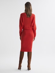 Reiss Red Leila Wool Blend Ruched Sleeve Midi Dress - Image 5 of 5